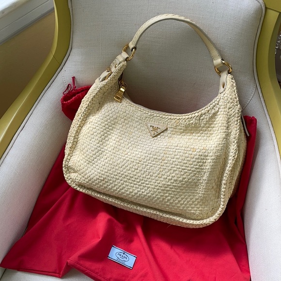 Prada Beige Cervo Lux Leather Woven Chain Hobo Prada